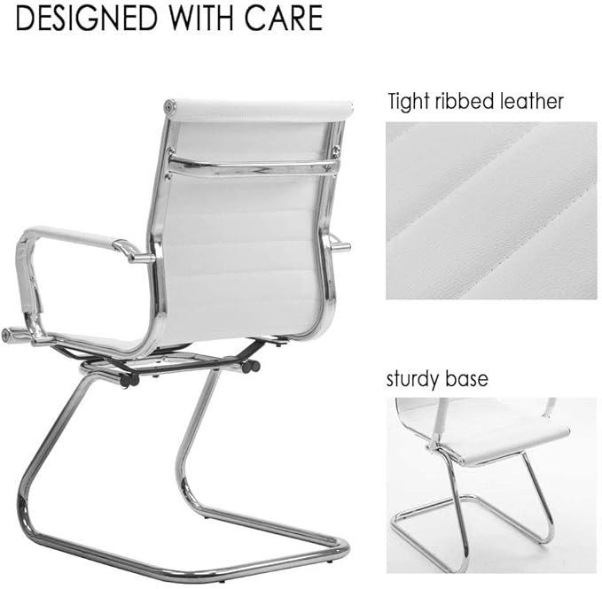 White Office Desk Chair No Wheels Set of 6 PU Leather Computer Chairs Mid Back Guest Chairs for School Reception Conference Waiting Room, White