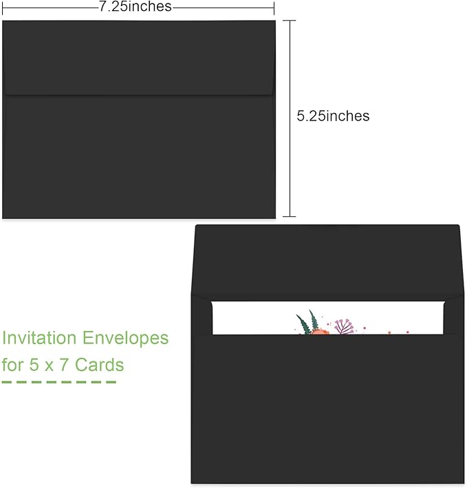 50 Packs 5x7 A7 Envelopes for Invitations, Photos, Greeting Cards - Self Seal for Weddings, Mailing (Black)