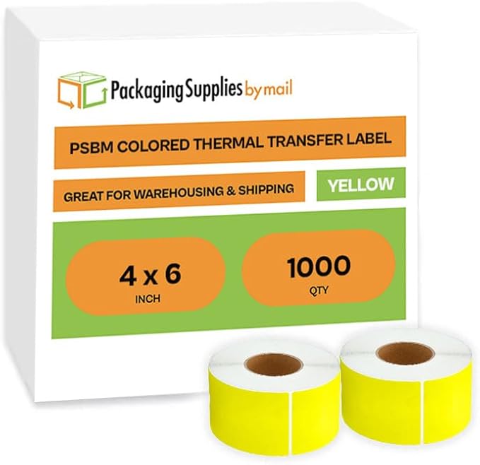 PSBM Thermal Transfer Labels, Yellow, 4x6 Inch, 4 Rolls, 1000 Labels/Roll, 3 Inch Core, Perforated, Must Have Thermal Ribbon (Not Included)