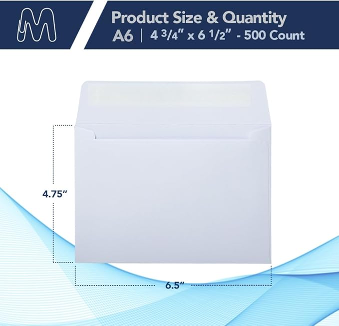 MOS A6 Invitation Envelopes – 4-3/4" x 6-1/2" White Mailing Envelopes Self Seal (500 Count) – 120GSM/ 32LB Bond Heavy Duty – Gift Card, Business, Wedding, Card