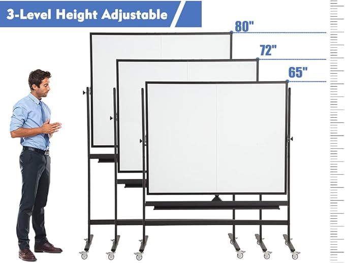 Large Magnetic Mobile Whiteboard 60"x48", Rolling Double Sided Stand Whiteboard on Wheels, Reversible Adjustable Height/Angle Dry Erase Board 5' x 4' Easel White Board for Office Classroom, Black