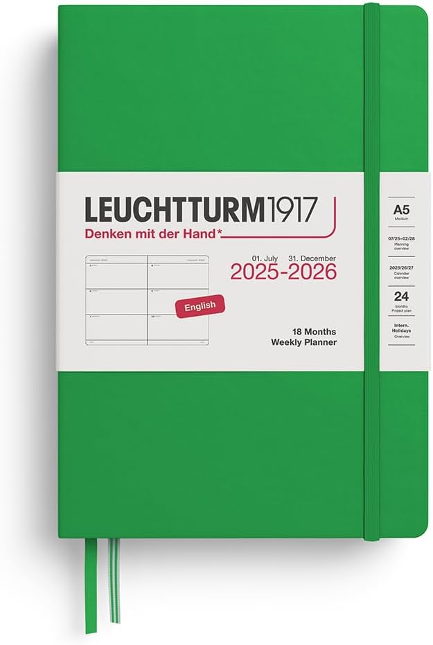 LEUCHTTURM1917 - Weekly Planner Hardcover Medium (A5), 18-month, Jul. 2025 - Dec. 2026, English, Spring Leaf
