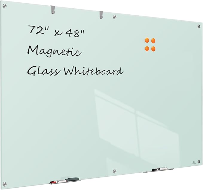 TSJ OFFICE Glass Dry-Erase Board - 72 x 48 Inches (6' X 4') Wall Mounted Glass Magnetic Whiteboard, Extra Large Frameless White Board for Office, Home & School