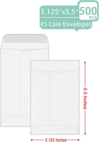 500 PCS #5 Coin Envelopes, 3.125 x 5.5 inches White Kraft Envelopes Classic Small Parts Envelopes with Self Adhesive Gummed Flap for Coins, Cash, Credit Cards, Seeds