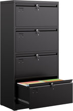 Metal 4 Drawer Lateral File Cabinet with 4 Lock - Wide Filing Cabinet for Letter/Legal/F4/A4 Hanging Files - Includes Business Card Holder,Home Office School Storage,Black