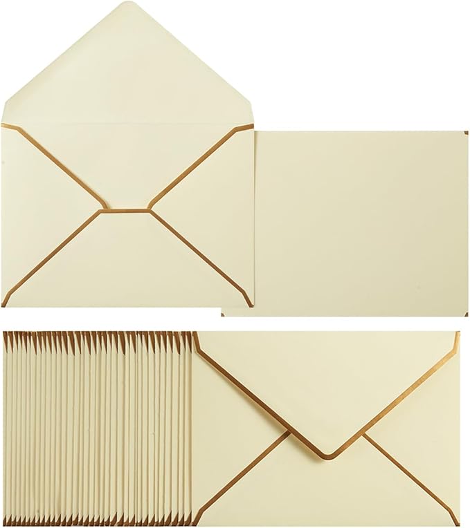 50 Pack A6 Envelopes Cream Color 4x6 Self-Adhesive V Flap Envelopes with Gold Border for Office, Greeting Card, Wedding, Graduation, Baby Shower, Parties, Invitations (Cream Color, 4.75x6.5)