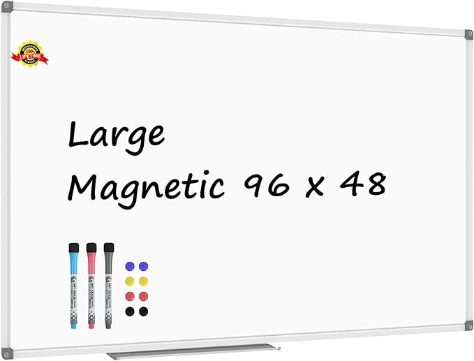 Lockways Dry Erase Board 96 x 48 Inch, Large Magnetic 4 x 8 White Board, Aluminium Frame Whiteboard with Marker Tray for Office & School