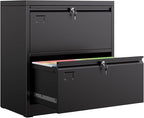 Metal 2 Drawer Lateral File Cabinet with 2 Lock - Wide Filing Cabinet for Letter/Legal/F4/A4 Hanging Files - Includes Business Card Holder,Home Office School Storage,Black