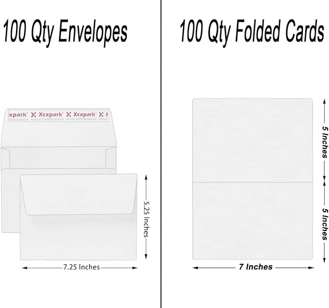 Blank White Cards,100 Qty 5.25 x 7.25 inches Printable A7 Envelopes & 100 Qty Folded Cards, DIY Greeting Cards for Invitations, Birthday, Photos, Documents, Wedding