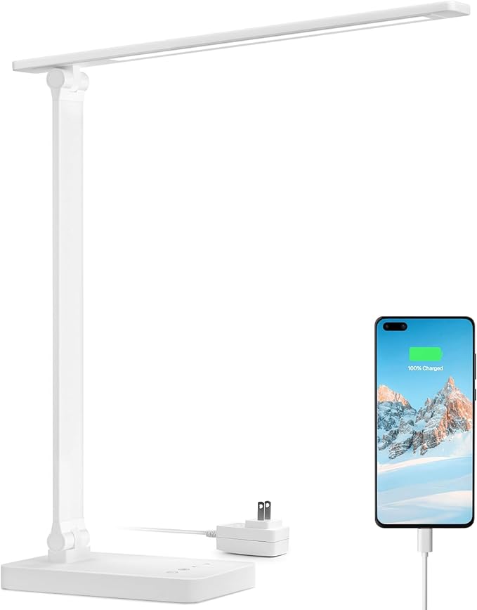 Lepro LED Desk Lamp with USB Charging Port Dimmable Home Office Touch Control Reading Table Lamp,3 Color Modes with 5 Brightness Level, School Dorm Room Essentials, Task Lamp, Sewing, Crafting, White