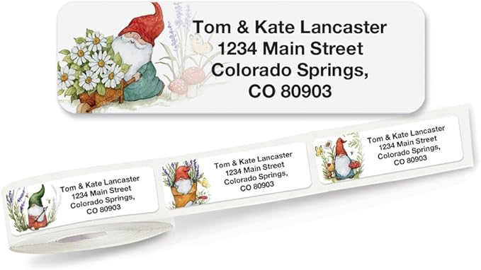 Colorful Images Forest Gnomes Rolled Personalized Return Address Mailing Labels with Dispenser, Customize with Name & Shipping Address, 250 ¾” x 2½” Self Adhesive, Easy Peel Label Roll