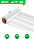Stretch Wrap Roll - Heavy Duty Industrial Strength 18inch 1500ft,Clear Cling Shrink Wrap Film Roll 80 Gauge - Ideal for Furniture, Moving, Shipping, and Pallet Packing(Clear-4Pack)