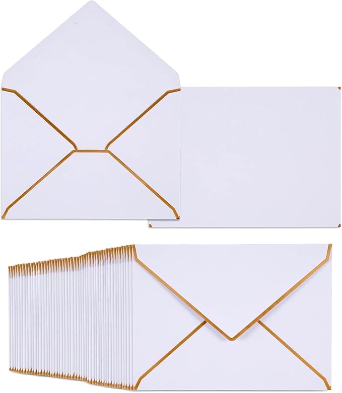 50 Pack White A6 Envelopes 4x6 Self-Adhesive V Flap Envelopes with Gold Border for Office, Greeting Card, Wedding, Graduation, Baby Shower, Parties, Invitations (White, 4x6)