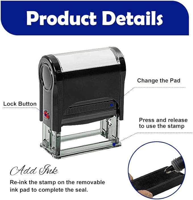 Personalized Self-Inking Signature Stamp, Custom Signature Stamp for Signing Your Name and Documents — Multiple Sizes, 5 Ink Colors