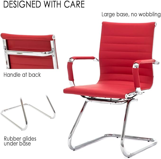 Office Desk Chair Set of 8,No Wheels PU Leather Computer Chairs Mid Back Guest Chairs with Seld Base for School/Reception/Conference/Waiting Room,Burgundy Red