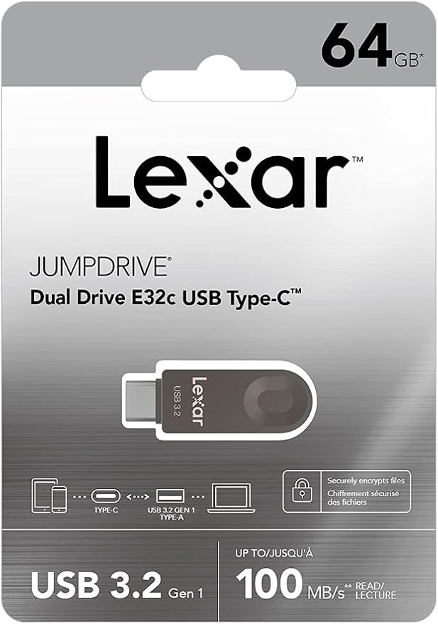 Lexar E32C 64GB Type-C USB Flash Drive, USB-A&USB-C 3.2 Gen 1 Dual Drive OTG 100MB/s Read, Thumb Drive Swivel Design Jump Drive for USB 3.0/2.0, Memory Stick for Android Smartphone, Laptop, PC