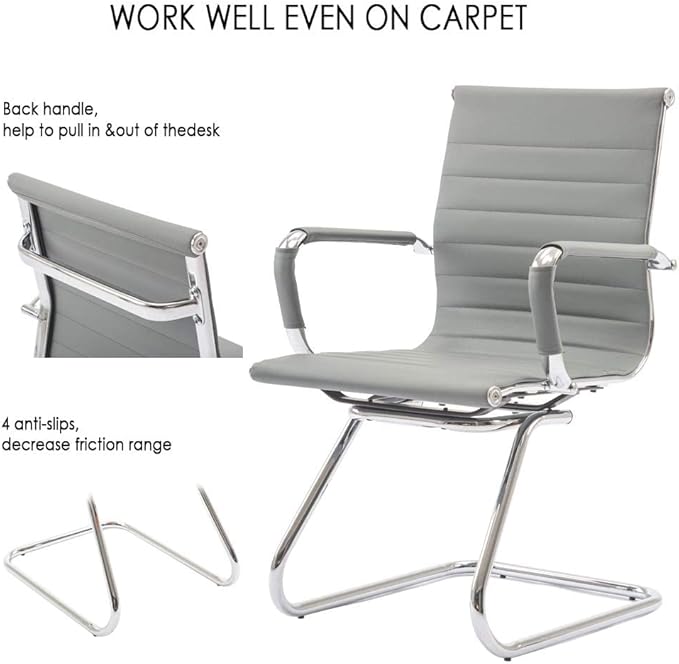 Office Desk Chair Set of 6,No Wheels PU Leather Computer Chairs Mid Back Guest Chairs with Seld Base for School/Reception/Conference/Waiting Room,Grey
