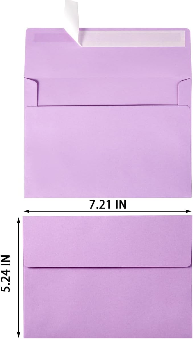 Wishop 100 Pack Light Purple A7 Envelopes Self-Adhesive 5x7 Envelopes for Invitations, 5x7 Greeting Cards (Light Purple, 5.24 x 7.21 Inches)