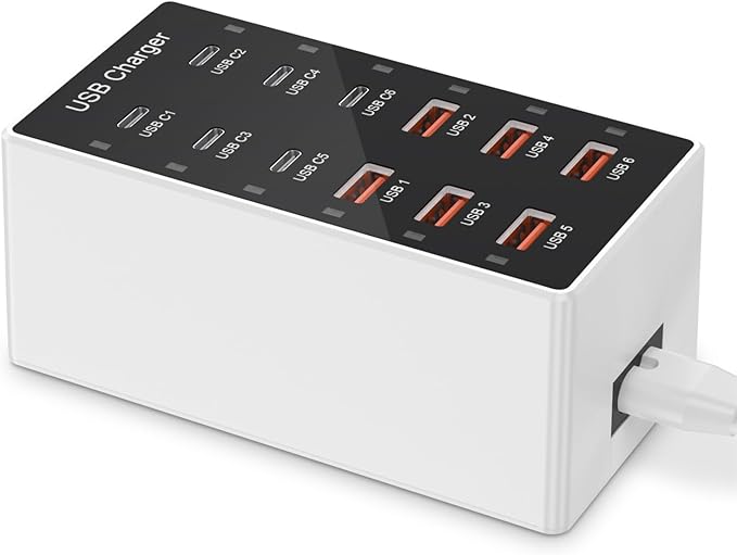 USB C Charger 12-Ports Charging Station for Multiple Devices - Wall Power Hub Strip Smart Plug Dock Block 6A 6C for iPhone Xs/XR, iPad, iPod, Laptops and Smart Phones 60W