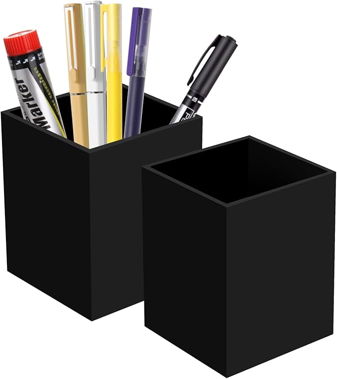 2 Pack Acrylic Pen Pencil Holder, Black Makeup Brush Holder Cup Storage Office Desktop Desk Table Stationery Organizer