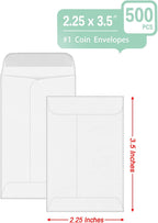 500 PCS #1 Coin Envelopes, 2-1/4'' x 3-1/2'' inches White Kraft Envelopes Classic Small Parts Envelopes with Self Adhesive Gummed Flap for Coins, Cash, Credit Cards, Seeds