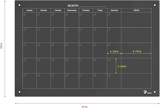 TOWON 47 x 35 Inch Glass Dry Erase Board Reminder, Magnetic Whiteboard Calendar Yearly, Monthly Planner Set for Office, Kitchen and School, Black