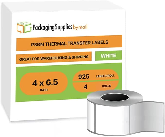 PSBM Thermal Transfer Labels, 4x6.5 Inch, 4 Rolls, 925 Labels/Roll, 3 Inch Core, Perforated, Must Have Thermal Ribbon (Not Included)