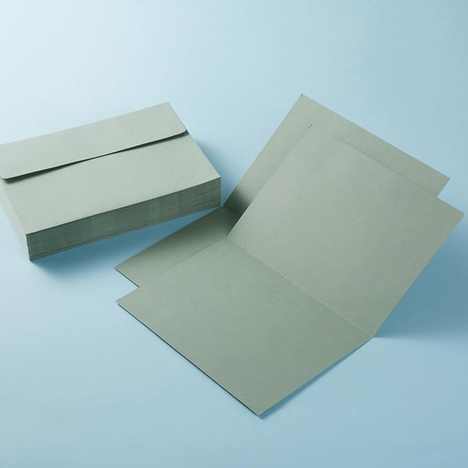Wishop 50 Pack Self-Adhesive Envelopes with Fold Cards for Wedding Invitations, Greeting Cards, Baby Shower, Letter Mailing (Sage-Green, 5x7)