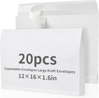 20 Pcs 12 x 16 x 1.6 Inch Large Expandable Catalog Envelopes Manilla Kraft Peel and Seal Envelopes Light Large Mailing for Office Home Documents Magazines Photos Storage Organizing (White)