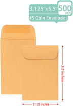 500 PCS #5 Coin Envelopes, 3.125 x 5.5 inches Brown Kraft Envelopes Classic Small Parts Envelopes with Self Adhesive Gummed Flap for Coins, Cash, Credit Cards, Seeds