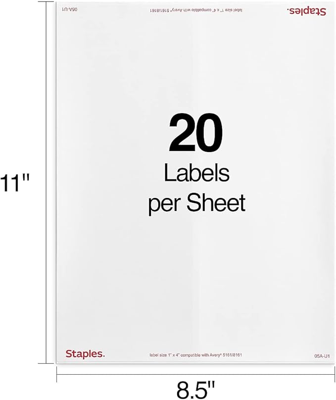 Staples® White Inkjet/Laser Address Labels 1" X 4", 5,000/Box