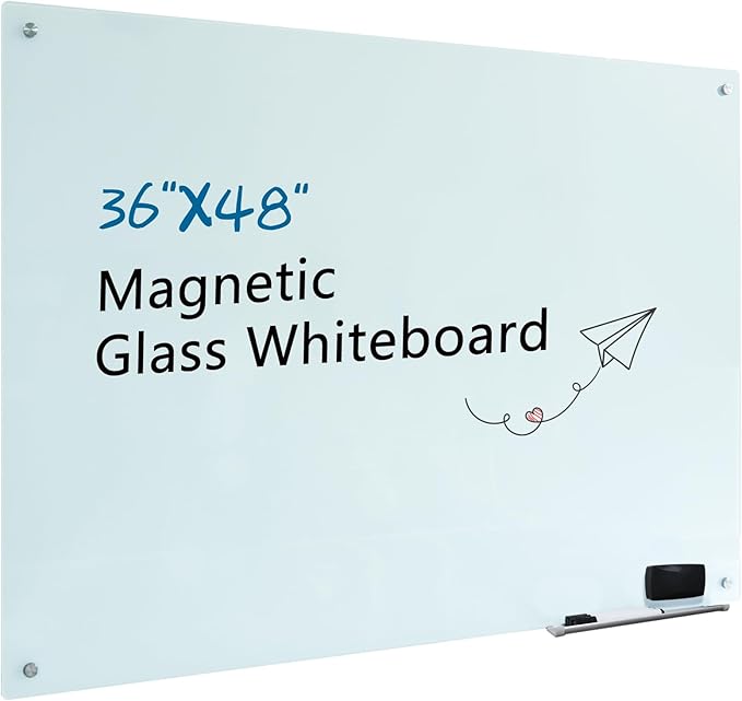 Magnetic Glass Whiteboard 48"x36" Glass Dry Erase Board 48"x36" Wall Mounted White Glassboard for Office School Home Shop