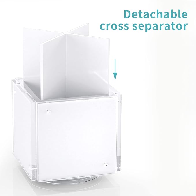 HIIMIEI Acrylic Rotating Pen Holder for Desk, Pencil Holder Picture Frame Holds 4 Family Photos of 4"x4", Desk Pen holder Organizer for Office, Classroom, Home, Kids (White)