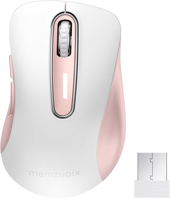 memzuoix 2.4G Wireless Mouse, 1400 DPI Computer Mice with USB Receiver, Portable Wireless USB Mouse Battery Powered Cordless Mice for Laptop, PC, Desktop, 5 Buttons (White Pink)