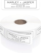 Simple Modern Outline Rolled Address Labels/Roll of 500 Square Box Personalized Address Labels/Designer Return Address Stickers in Elegant Plastic Dispenser