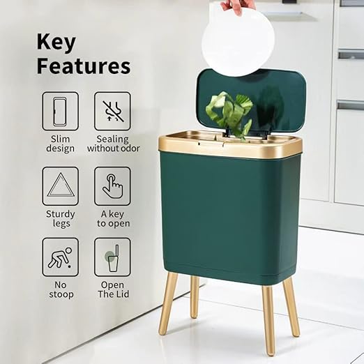 Procade 2Pack Gold Trash Can with Lid, Bathroom Trash Can with Legs, 4 Gallon Office Trash Cans for Near Desk, Slim Garbage Bin Waste Basket for Bedroom, Kitchen,Living Room&Toilet(Green+Green)