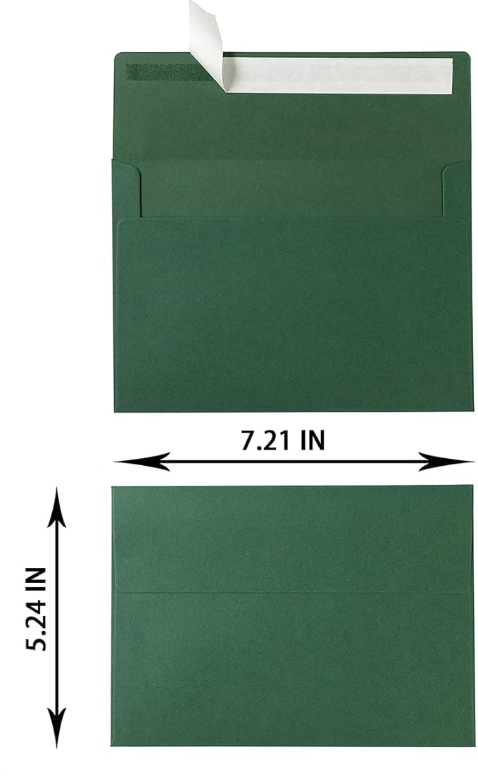 Wishop 100 Pack Dark Green A7 Envelopes Self-Adhesive 5x7 Envelopes for Invitations, 5x7 Greeting Cards