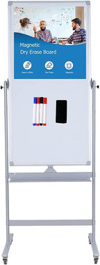 Magnetic Mobile Whiteboard 48x24-in 360° Reversible Two-sided White Board with Wheels, Portable Dry Erase Board Easel with Stand for Office Classroom, Include 6 Dry Erase Markers and 1 Eraser