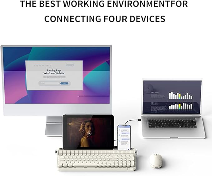 ACTTO B705 Retro Typewriter Keyboard Bluetooth,Vintage Mechanical Keyboard with Tablet Stand,LED Backlight 100 Keys Gaming Keyboard for Windows/macos/iOS/Android,Blue Switch (Ivory Butter)