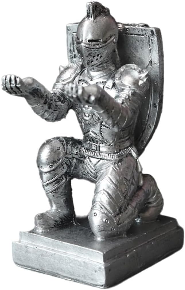 Resin Soldier Shield Knight Decor Statue Pen Holder Base for Desk, Desktop Organizer Pencil Stand Display for Office, School, Home, as Gift for Men Father
