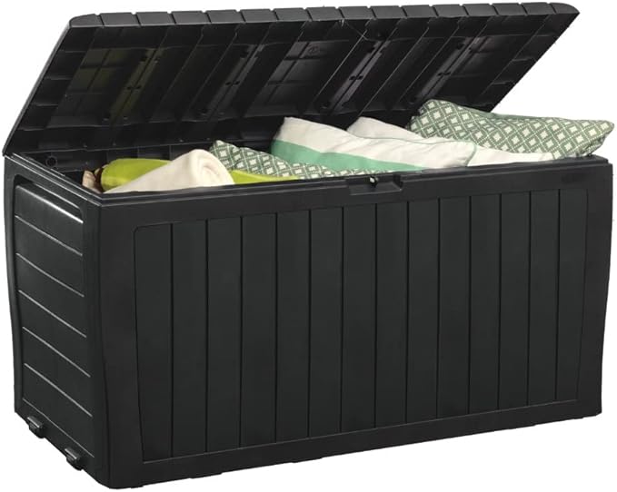 Keter Marvel Plus 71 Gallon Resin Deck Box-Organization and Storage for Patio Furniture Outdoor Cushions, Throw Pillows, Garden Tools and Pool Toys, Dark Grey