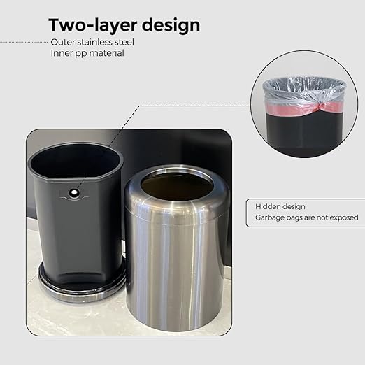 10L/2.6Gal Brushed Stainless Steel Trash can,Open Top Wastebasket Bin,Garbage Can for Bathroom,Living Room,Office,Kitchen,Bedroom,Hotel (Black Gold)