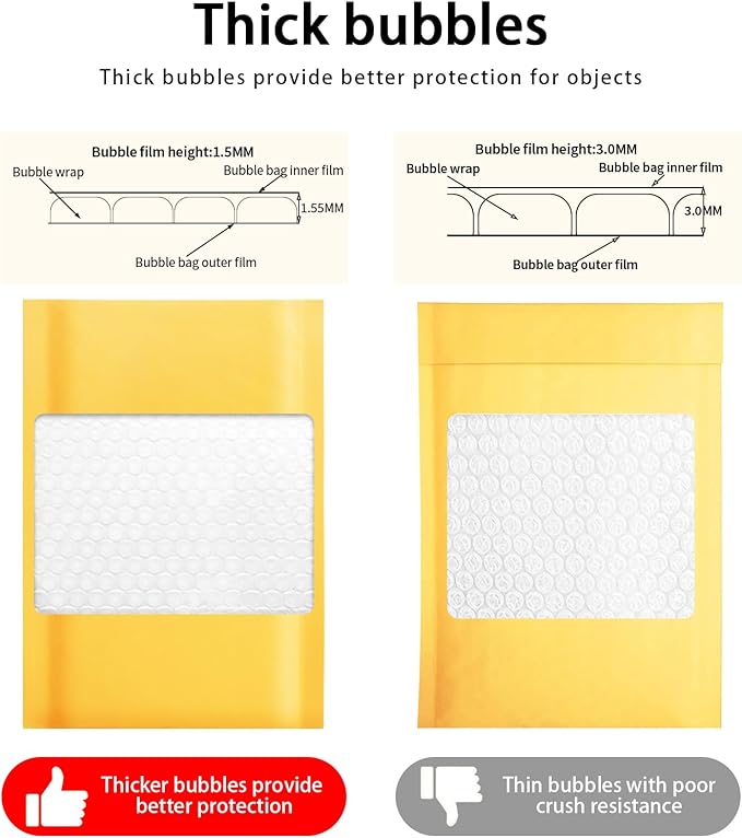 packbabol Kraft bubble mailers 3.5x5 Inch 50 Pack,Self-Sealing Paper Envelopes for Packaging,Strong Adhesion Envelope Mailers, Small Waterproof Cushioned Padded Shipping Bags Yellow #0000