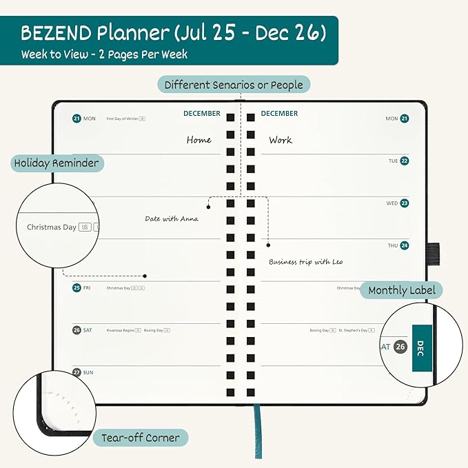 BEZEND Pocket Planner 2025-2026 Weekly with 2 Columns, 18-Month Academic Calendar (Jul 25-Dec 26), Life Work App., Storage Pocket, Pen Holder, PU Leather Softcover 3.5" x 6" Spiral - Mustard