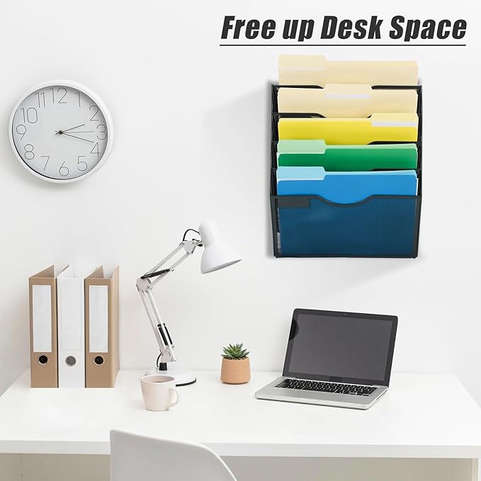 EASEPRES 5 Pocket Mesh Hanging Wall File Organizer, Wall Mounted Mail Paper Document Folder Holder, Clipboard Storage Organization Magazine Rack with Nametag Label for Office Home School, Black