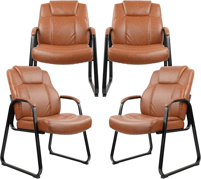 CLATINA Big & Tall 500 lb. Guest Chair, PU Leather Office Reception Chairs with Sled Base, Desk Chair No Wheels for Waiting Room Conference Lobby Computer Living Room, Brown, 4 Pack