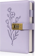 Lock Diary for Women Diary with Lock for Girls A5 Leather Locked Journal 260 Pages 100 GSM Refillable Journal with Lock for Teens Secrets Flower Journals with Combination Passwords, 5.7"x8.3", Purple