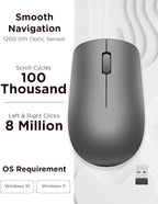 Lenovo 530 Full Size Wireless Computer Mouse for PC, Laptop, Computer with Windows - 2.4 GHz Nano USB Receiver - Ambidextrous Design - 12 Months Battery Life - Graphite Grey
