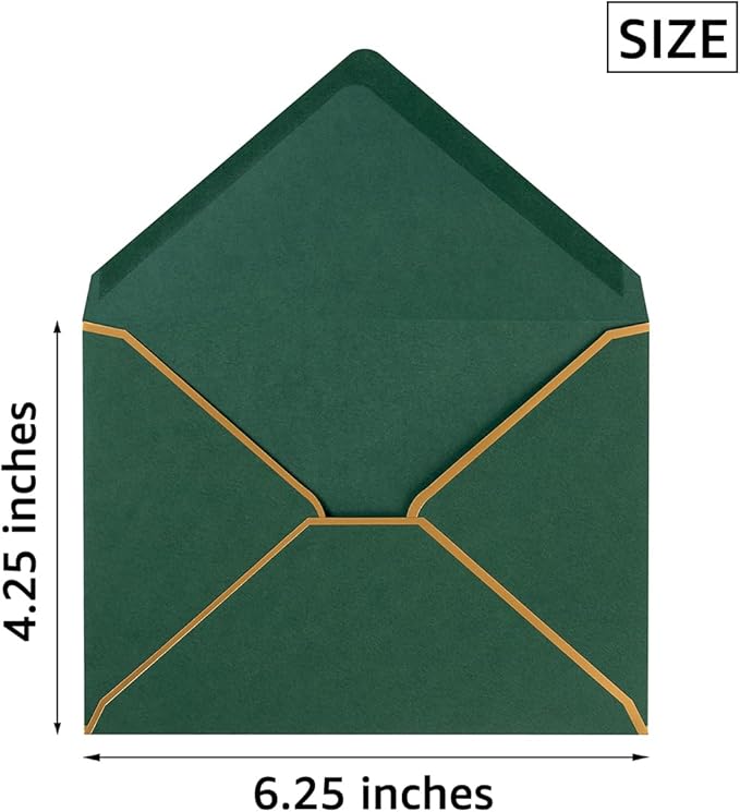 50 Pack A4 Envelopes Dark Green 4x6 Self-Adhesive V Flap Envelopes with Gold Border for Office, Wedding Gift Cards, Invitations, Graduation, Baby Shower, Parties (4.25x6.25 inches)