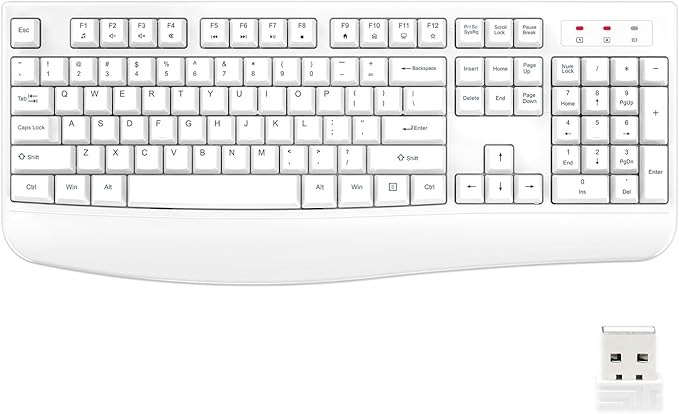 EDJO Wireless Keyboard, 2.4G Ergonomic Full Size Wireless Computer Keyboard with Wrist Rest for Windows, Mac OS Desktop/Laptop/PC（White）